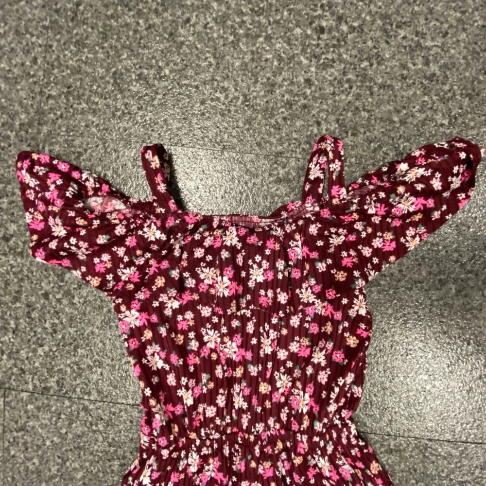 Justice Jumpsuit Kids Size S (7/8) Burgundy Excellent Floral Cold Shoulder Boho‎